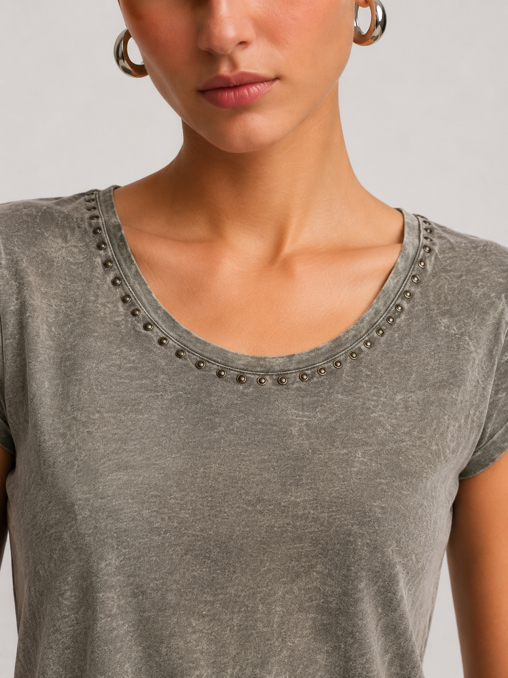 Studded Neckline Washed Top