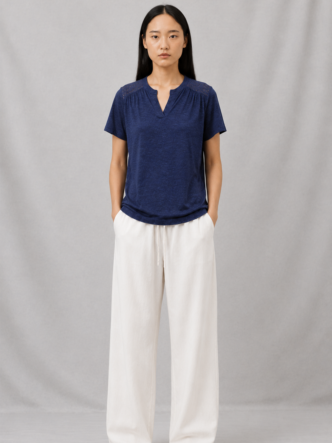 Eyelet Shoulder Split Neck Acid Wash Tee