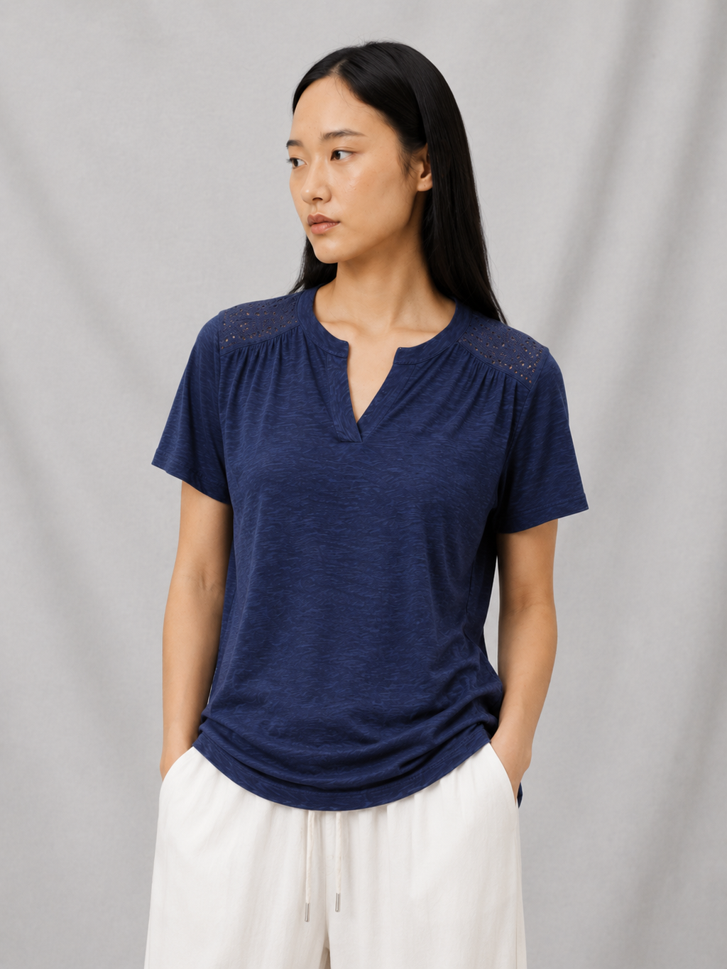 Eyelet Shoulder Split Neck Acid Wash Tee