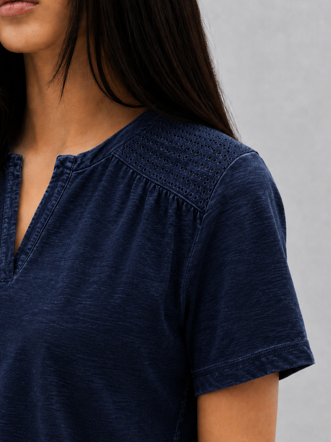 Eyelet Shoulder Split Neck Acid Wash Tee