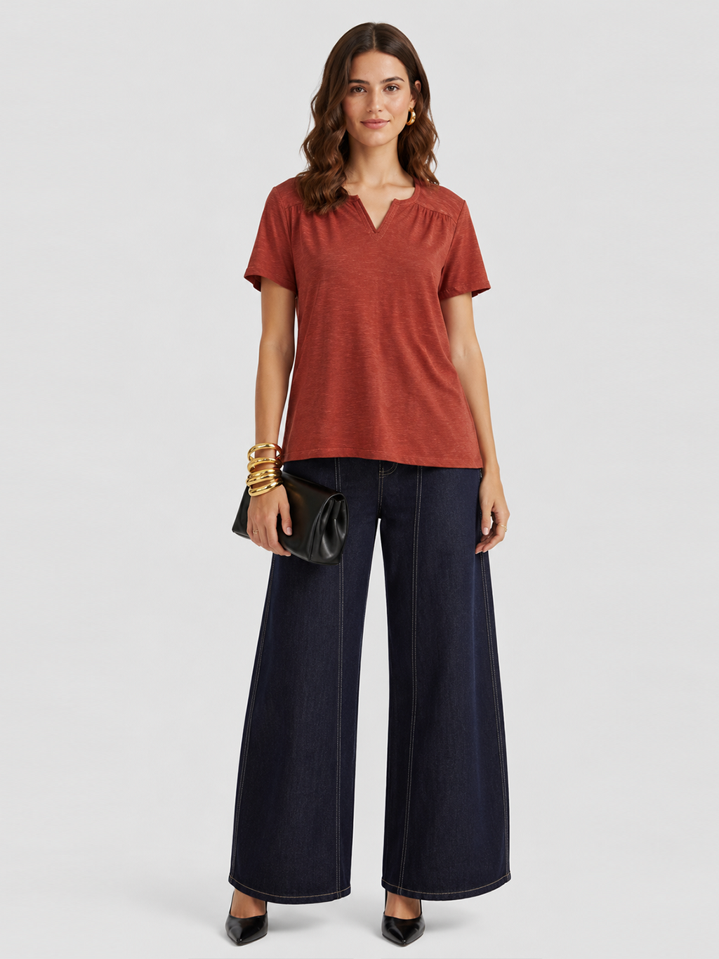 Red Eyelet Shoulder Split Neck Acid Wash Top