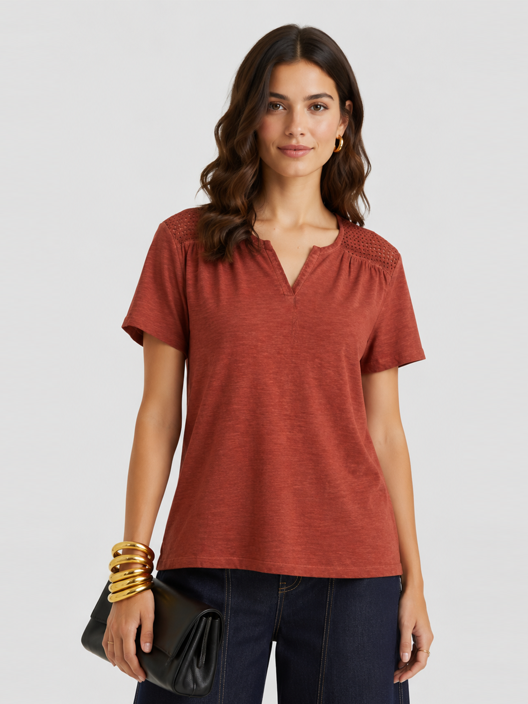 Red Eyelet Shoulder Split Neck Acid Wash Top