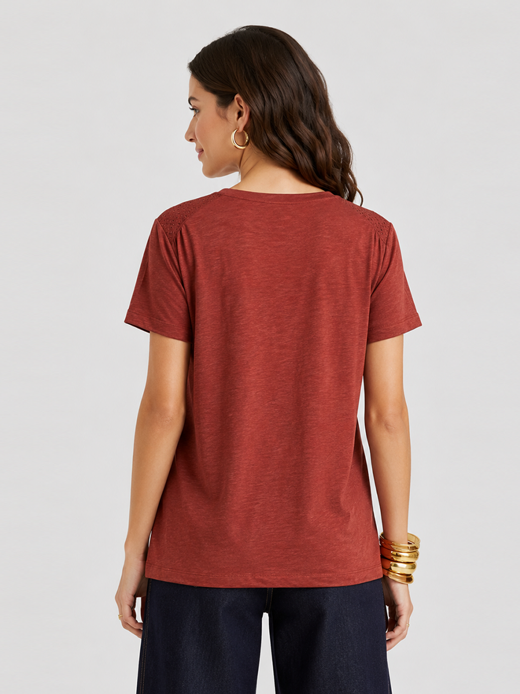 Red Eyelet Shoulder Split Neck Acid Wash Top