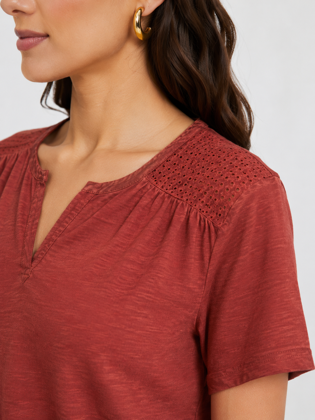Red Eyelet Shoulder Split Neck Acid Wash Top