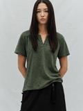 Olive Green Eyelet Shoulder Split Neck Acid Wash Top