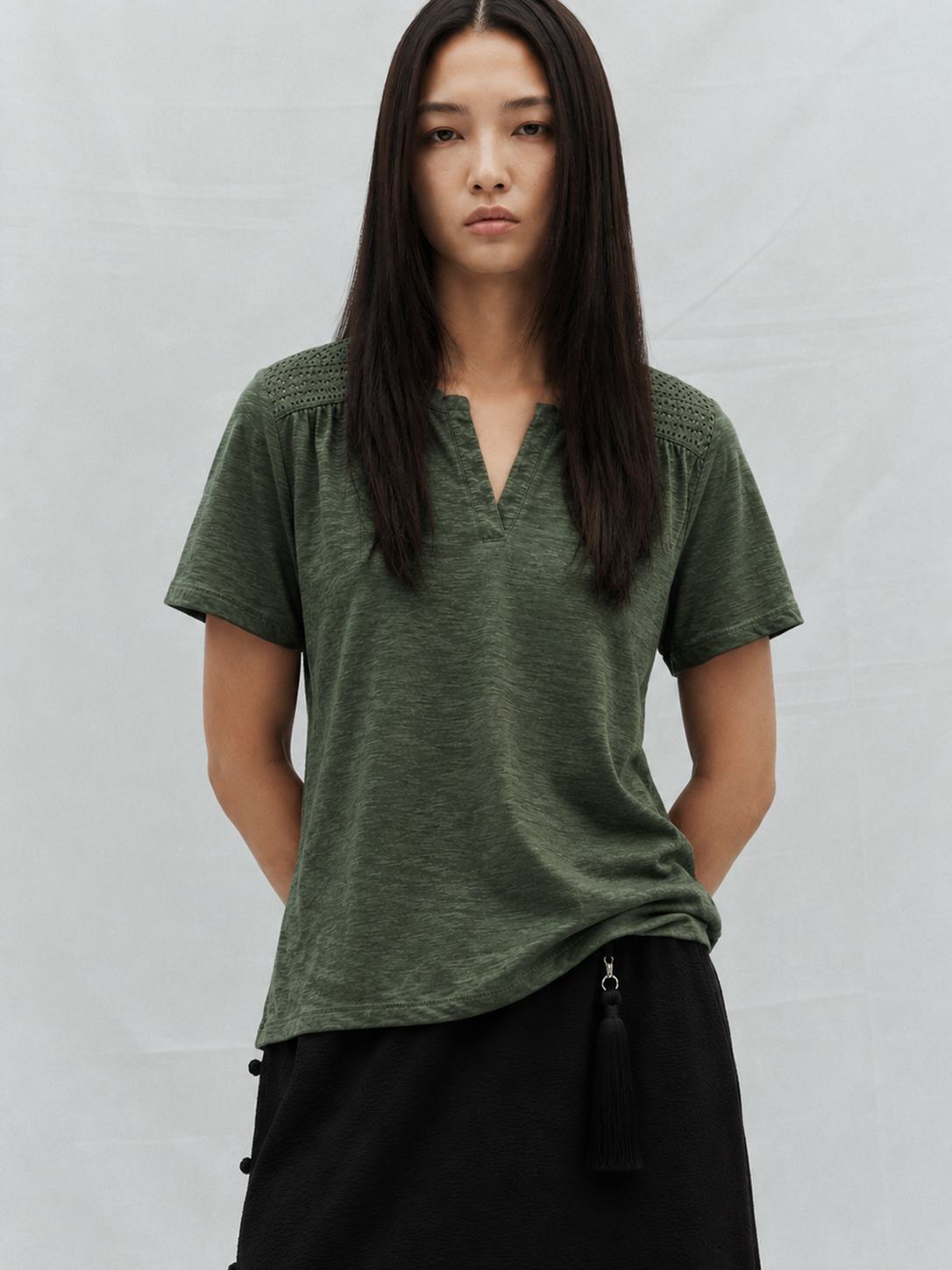 Olive Green Eyelet Shoulder Split Neck Acid Wash Top