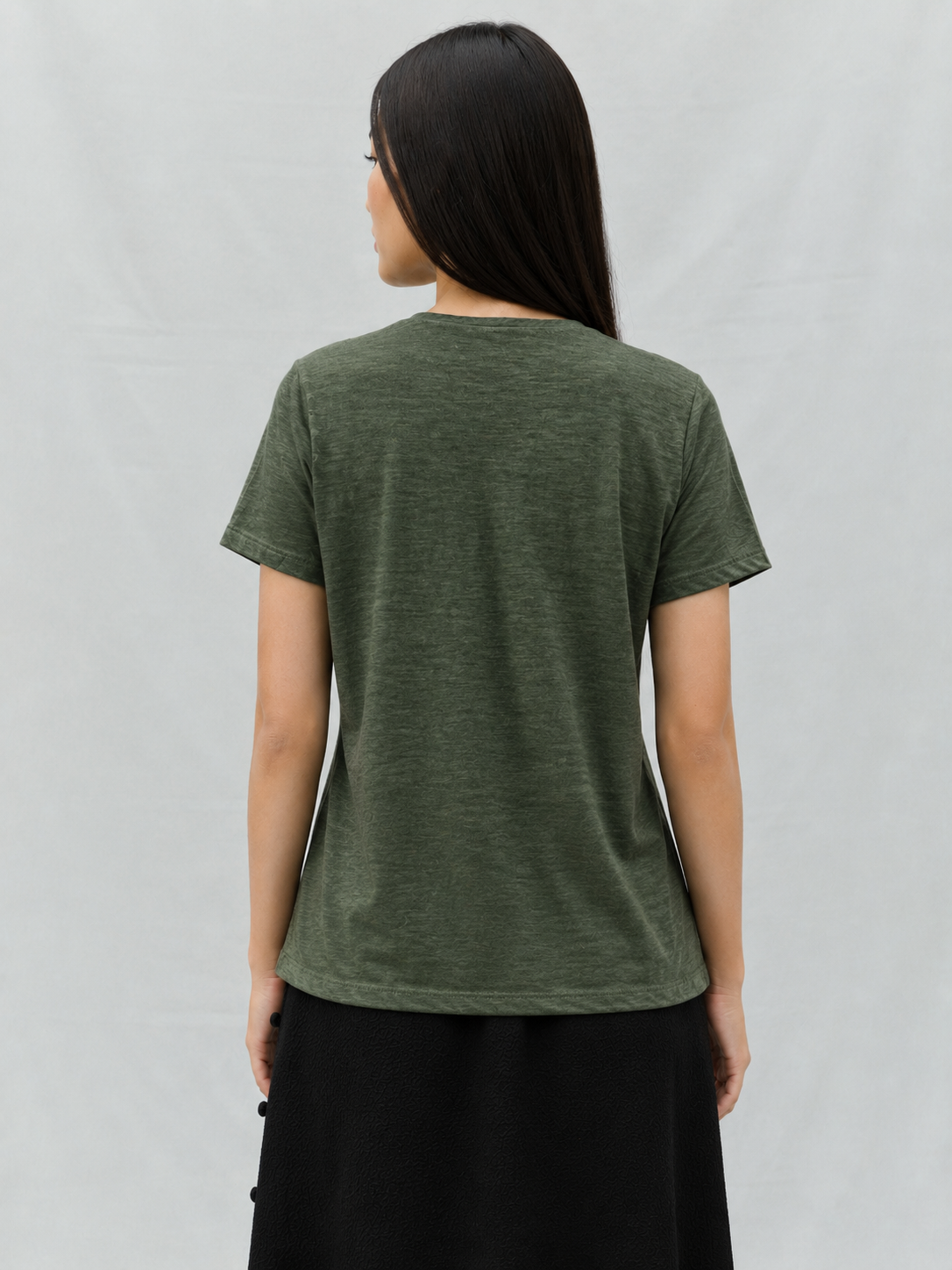 Olive Green Eyelet Shoulder Split Neck Acid Wash Top
