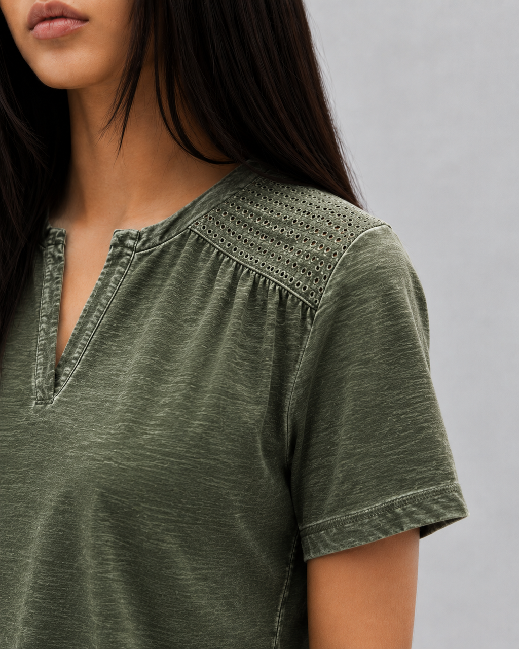 Olive Green Eyelet Shoulder Split Neck Acid Wash Top