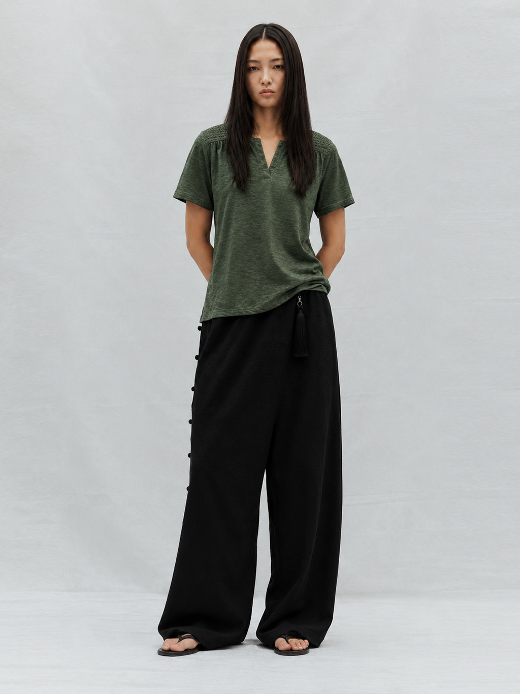 Olive Green Eyelet Shoulder Split Neck Acid Wash Top