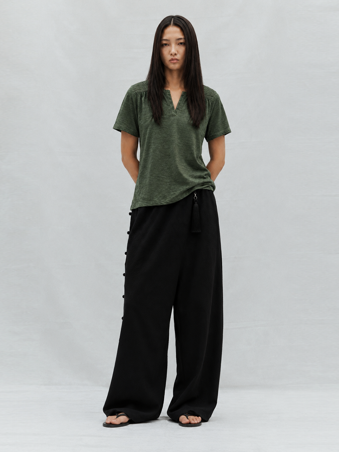 Olive Green Eyelet Shoulder Split Neck Acid Wash Top
