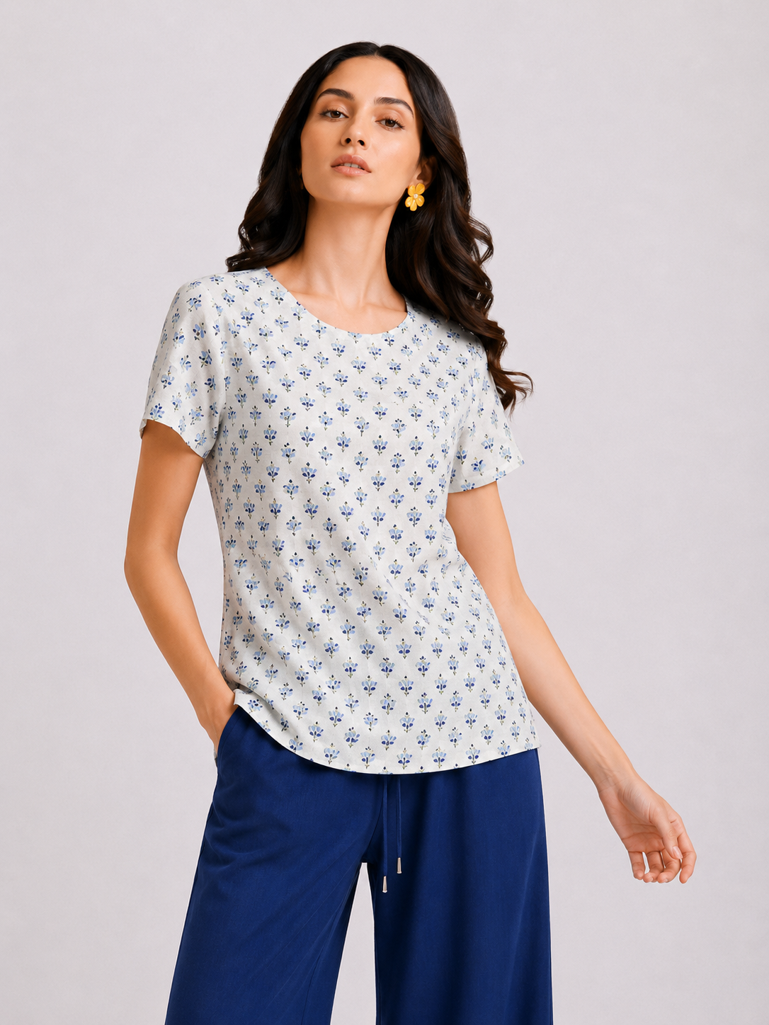 Botanical Block Print Scoop Neck Cap Sleeve Top