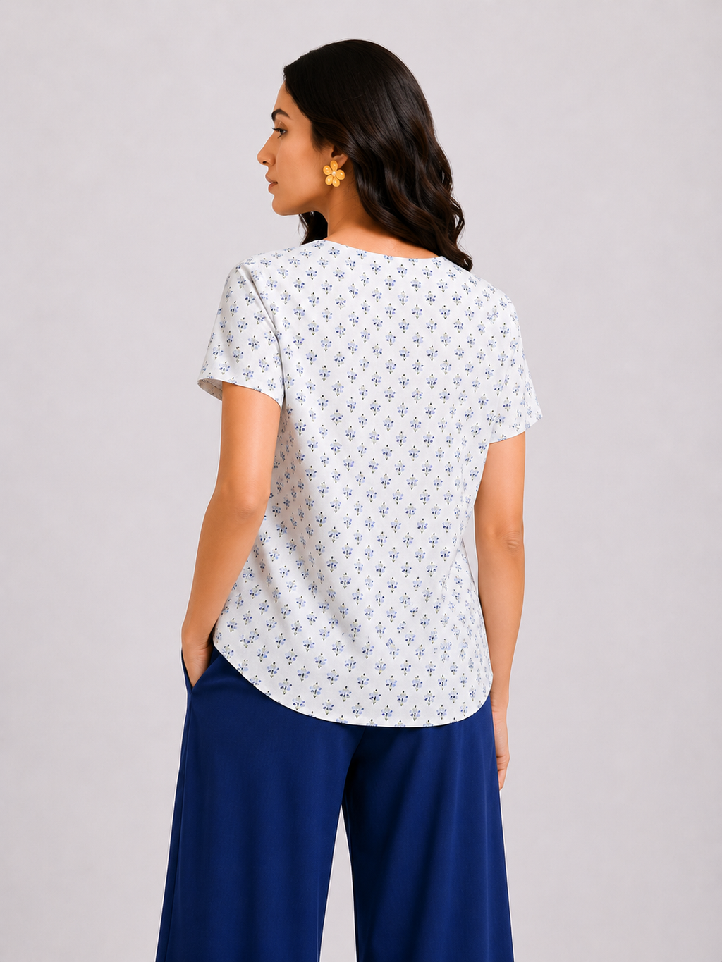 Botanical Block Print Scoop Neck Cap Sleeve Top