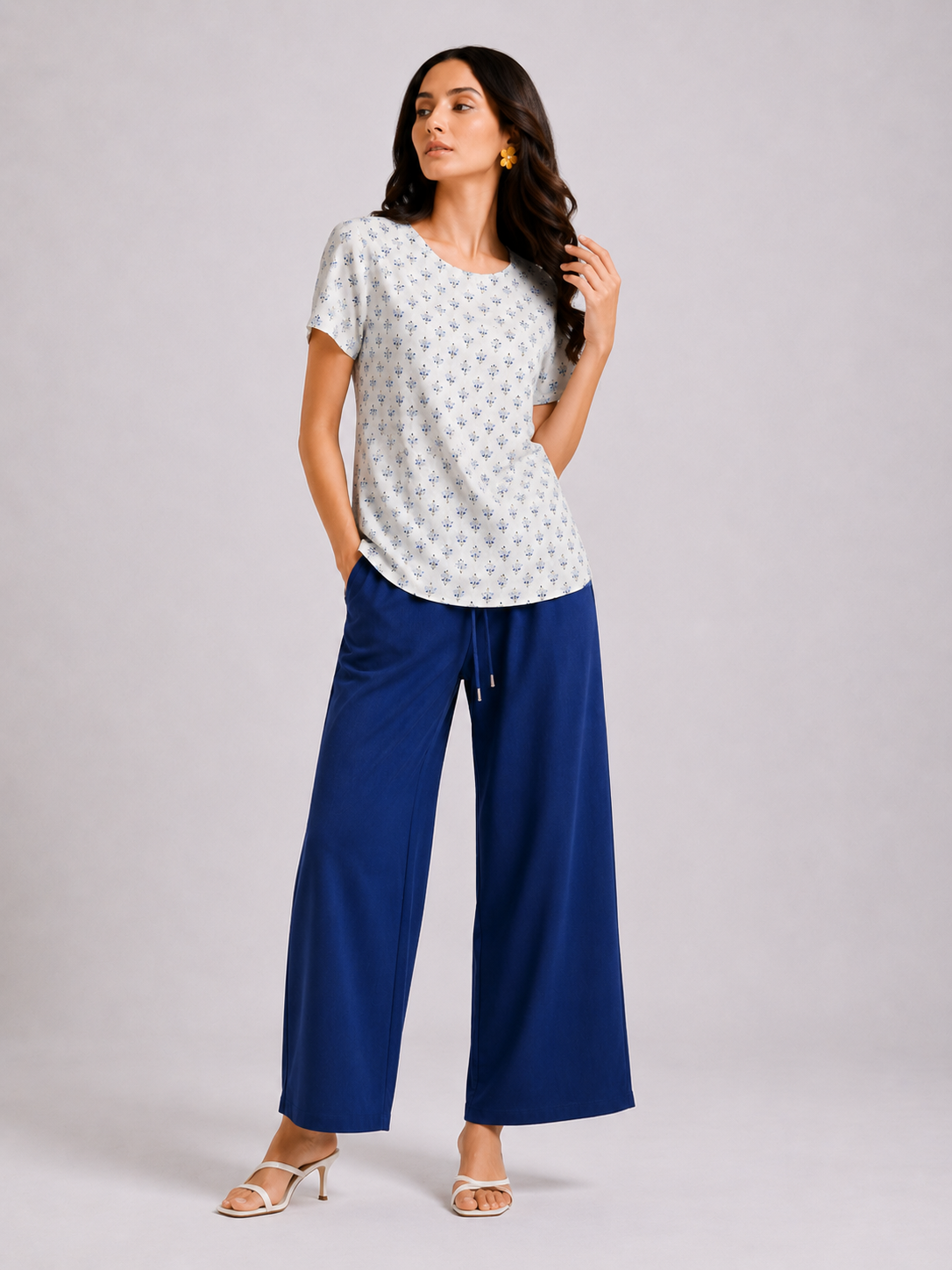Botanical Block Print Scoop Neck Cap Sleeve Top