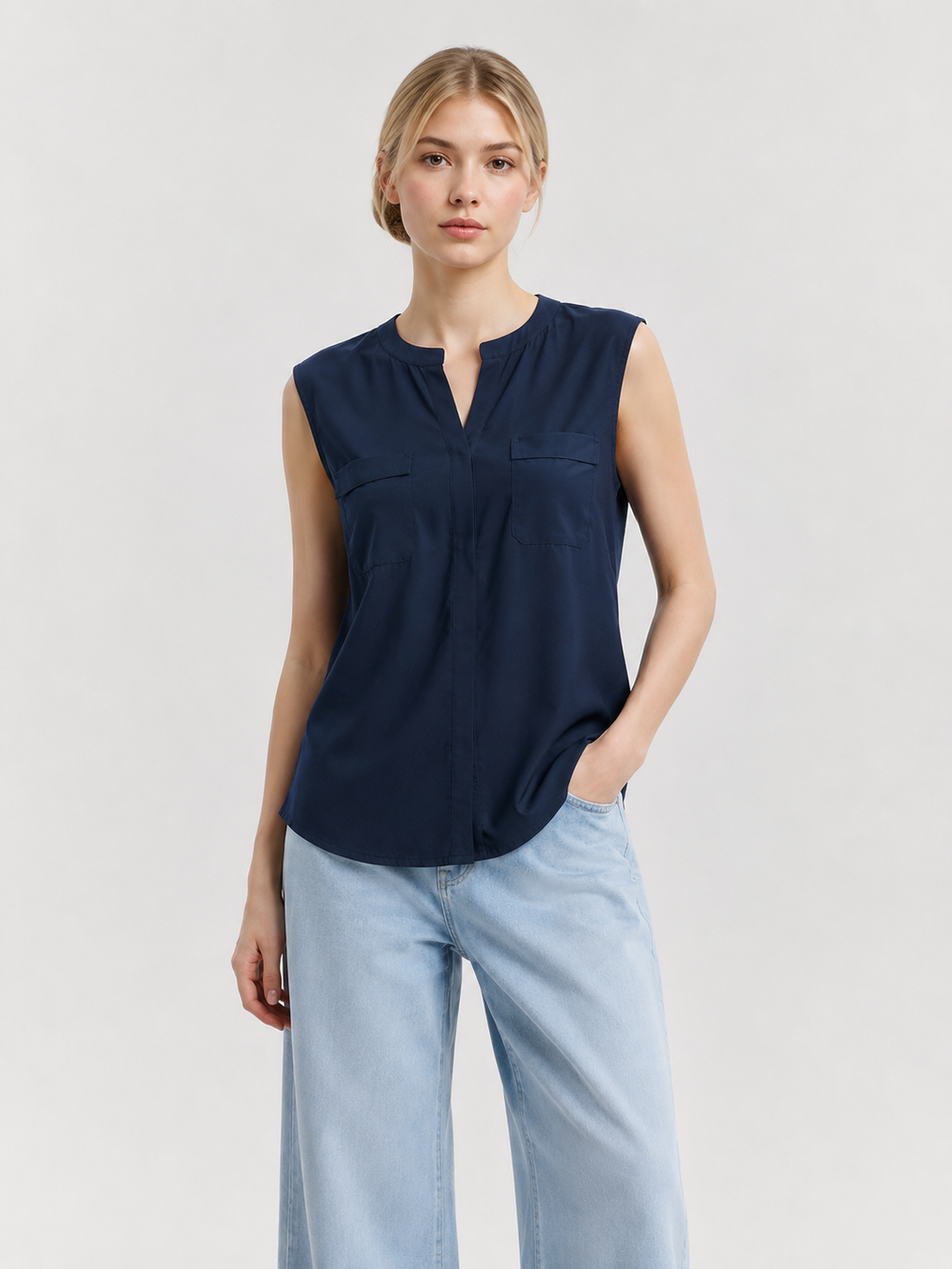 Navy Blue Split Neck Dual Pocket Sleeveless Top