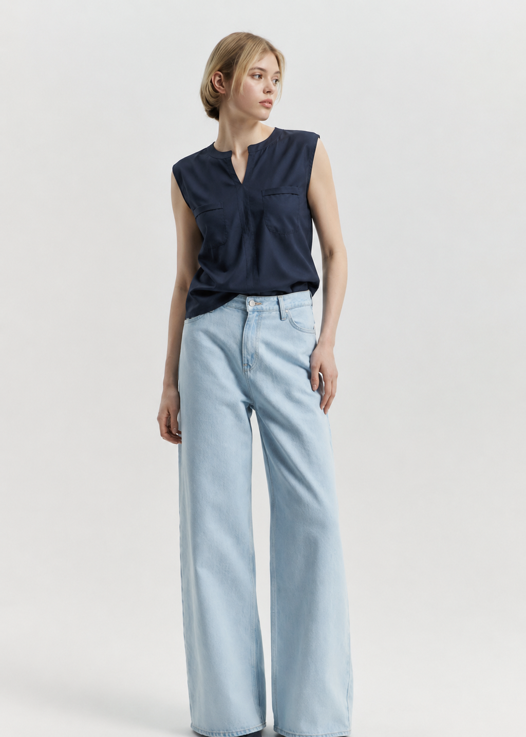 Navy Blue Split Neck Dual Pocket Sleeveless Top