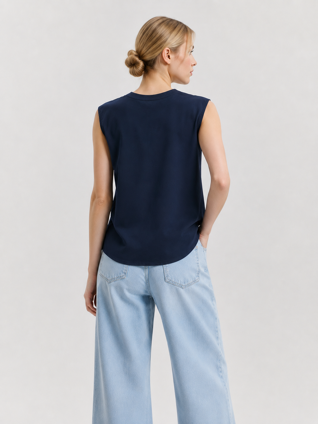Navy Blue Split Neck Dual Pocket Sleeveless Top