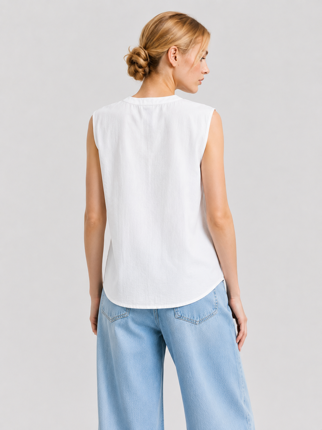 White Split Neck Dual Pocket Sleeveless Top