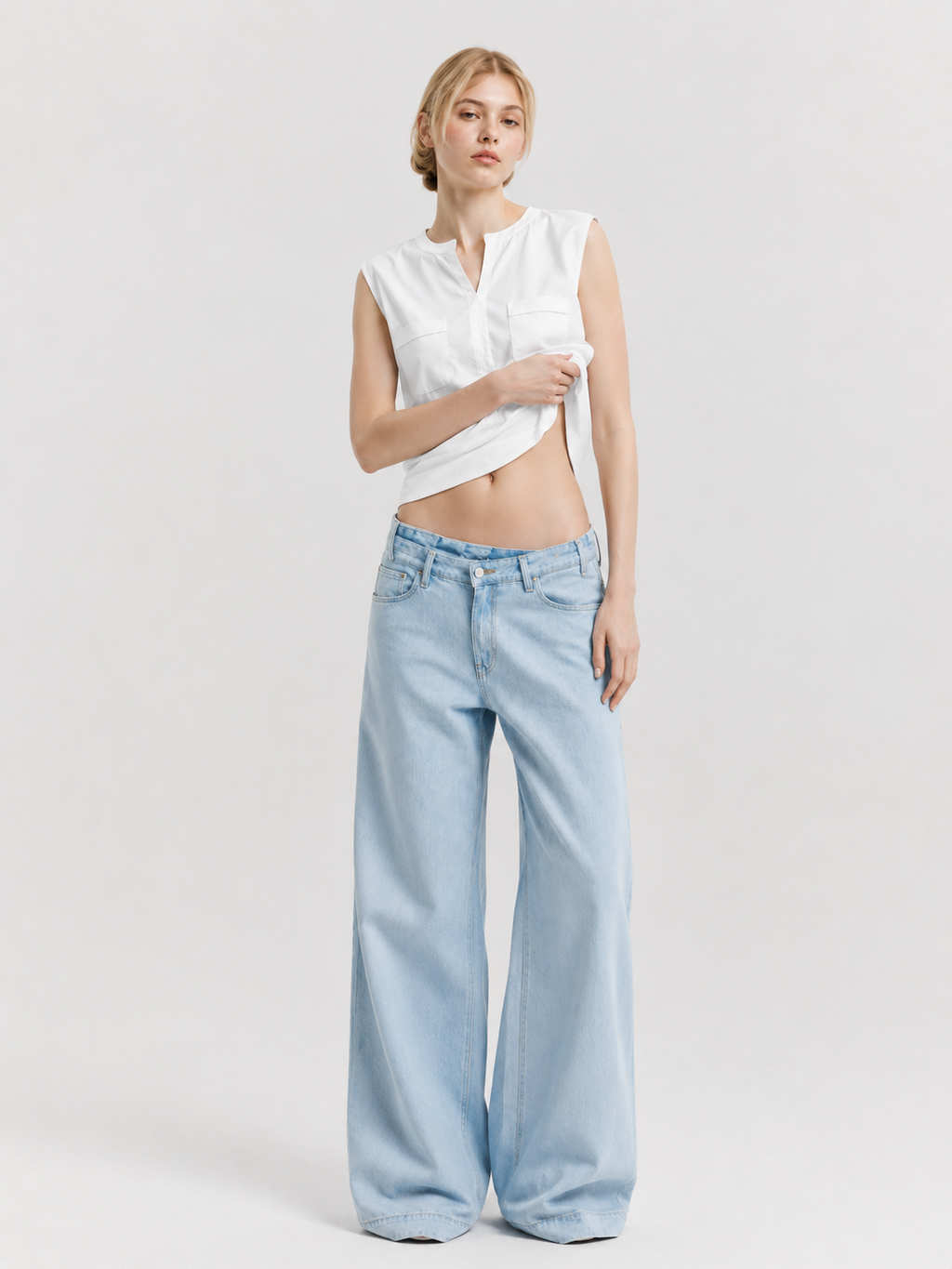 White Split Neck Dual Pocket Sleeveless Top