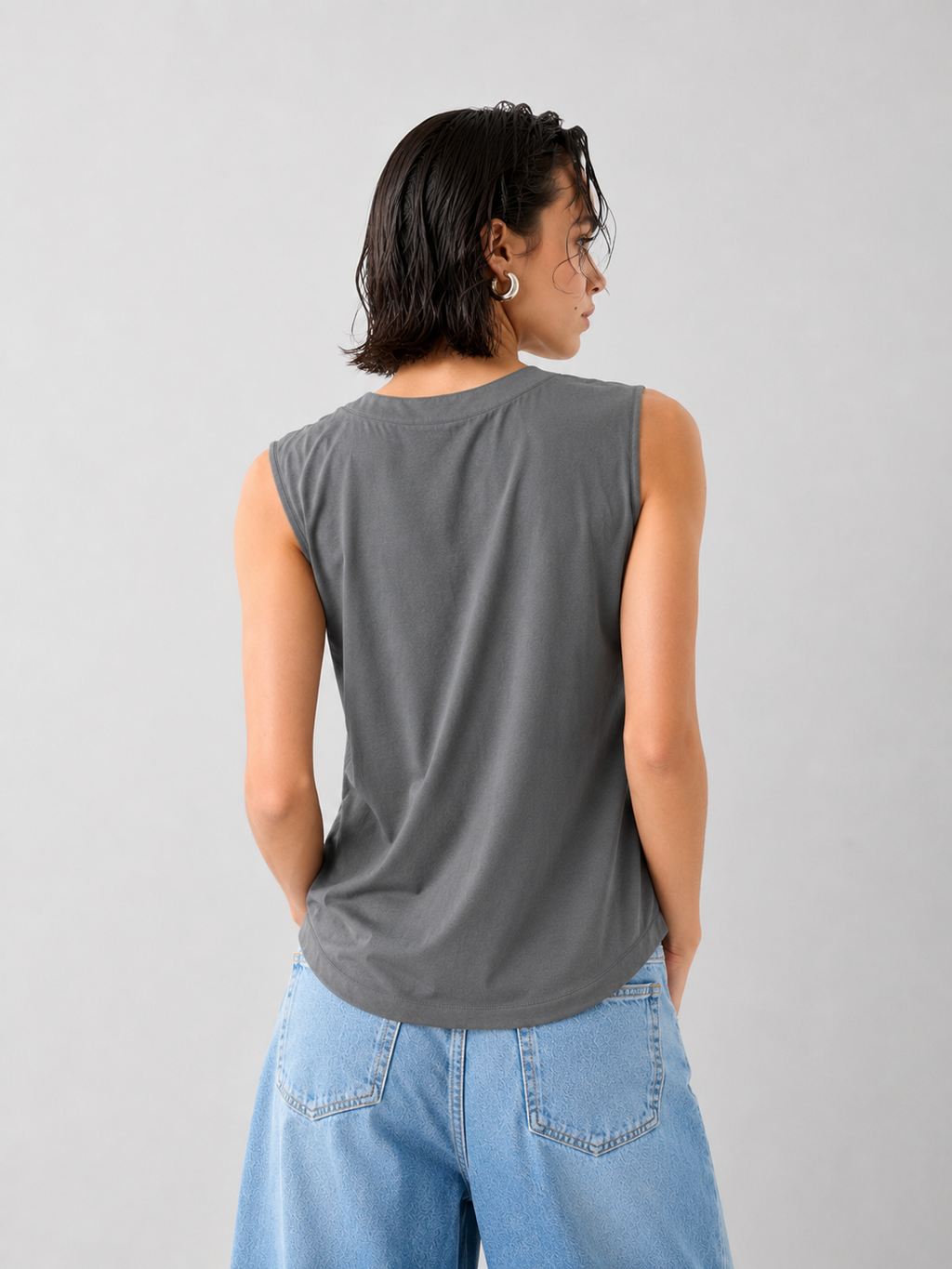 Grey Split Neck Dual Pocket Sleeveless Top