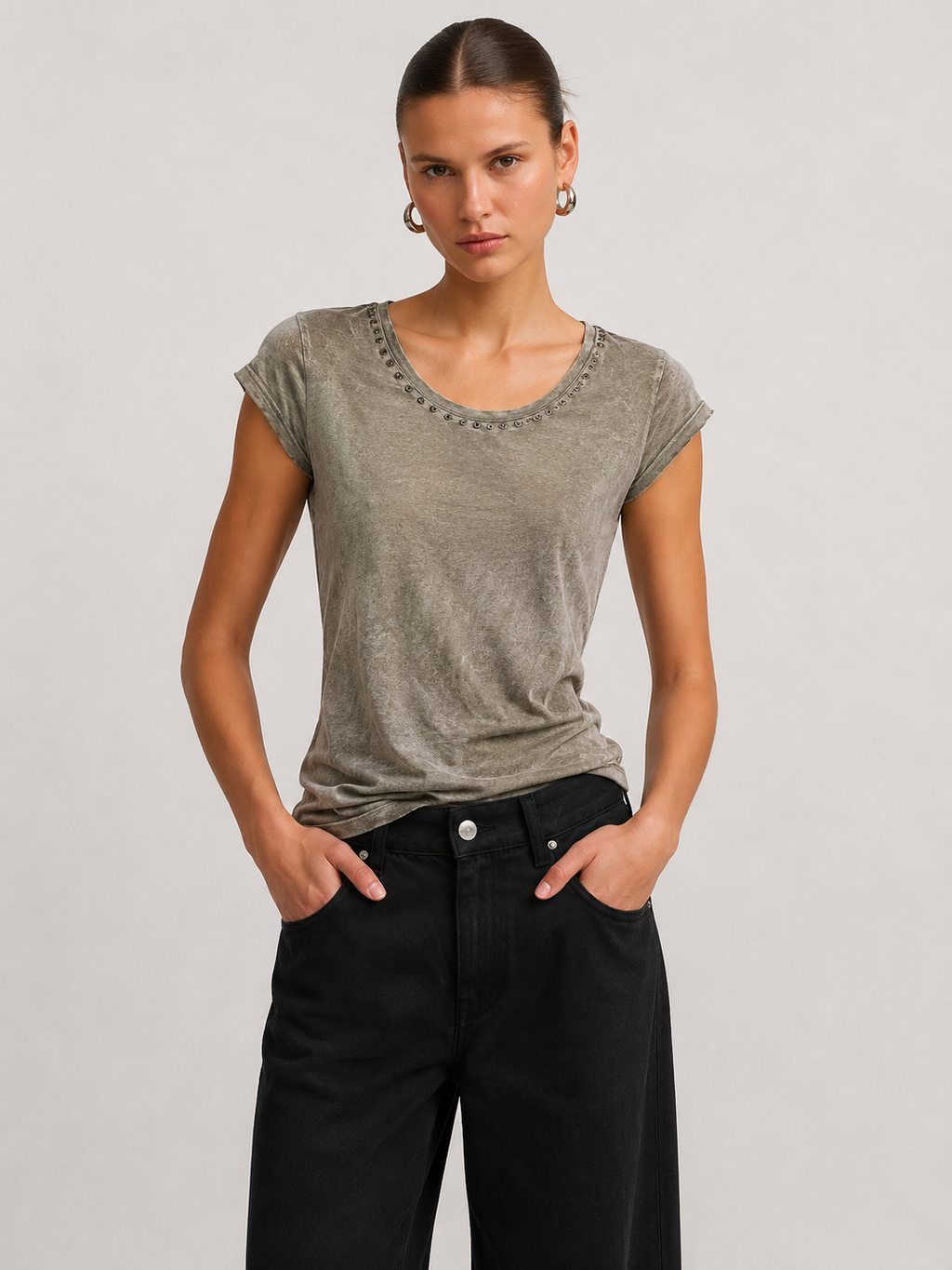 Studded Neckline Washed Top