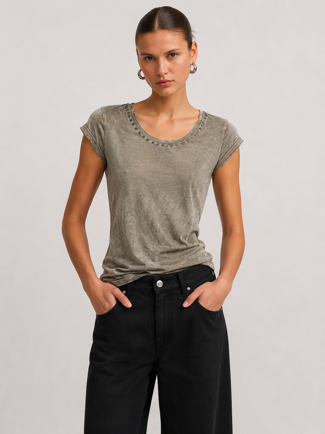 Studded Neckline Washed Top