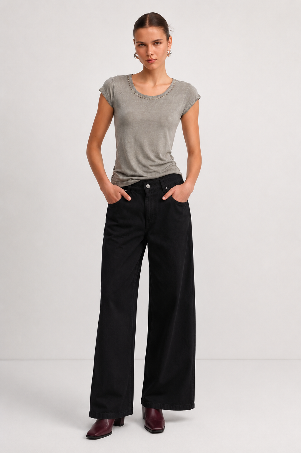 Studded Neckline Washed Top