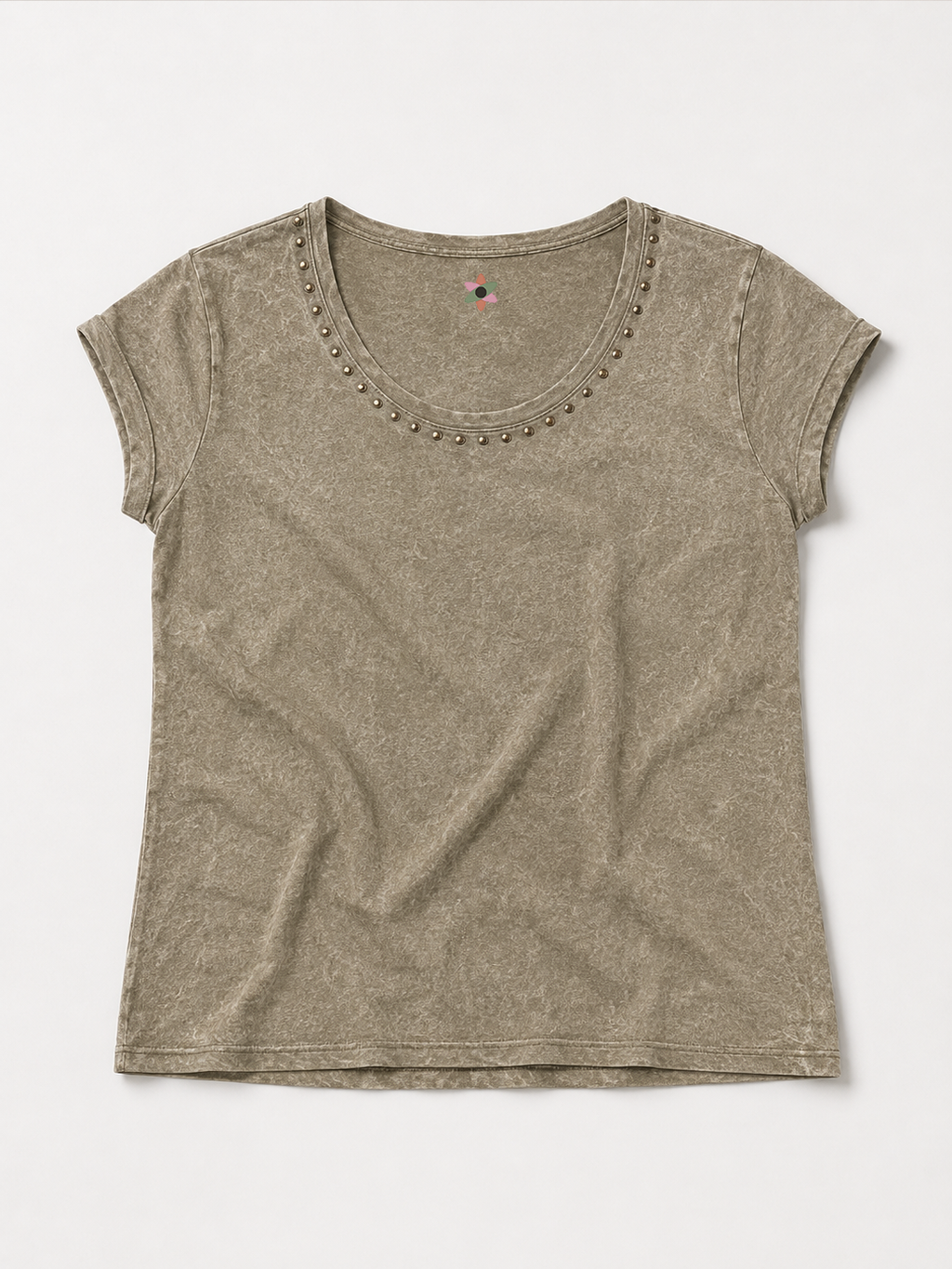 Greige * Studded Neckline Washed Top