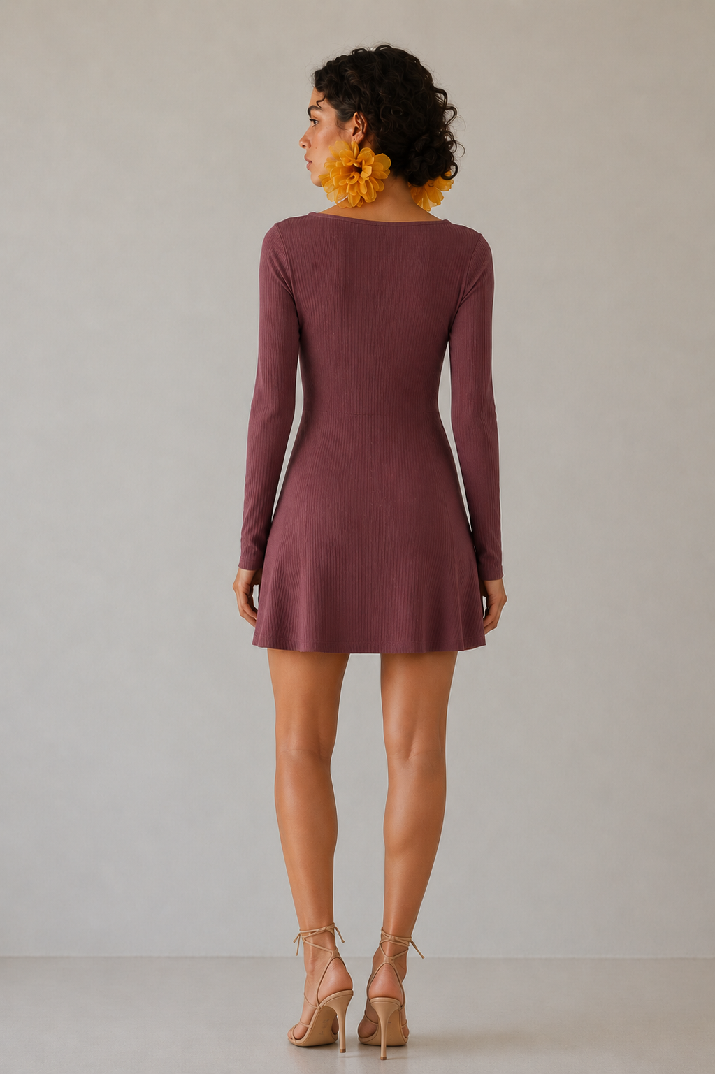 Ruched Drawstring Cut-Out Ribbed Mini Dress