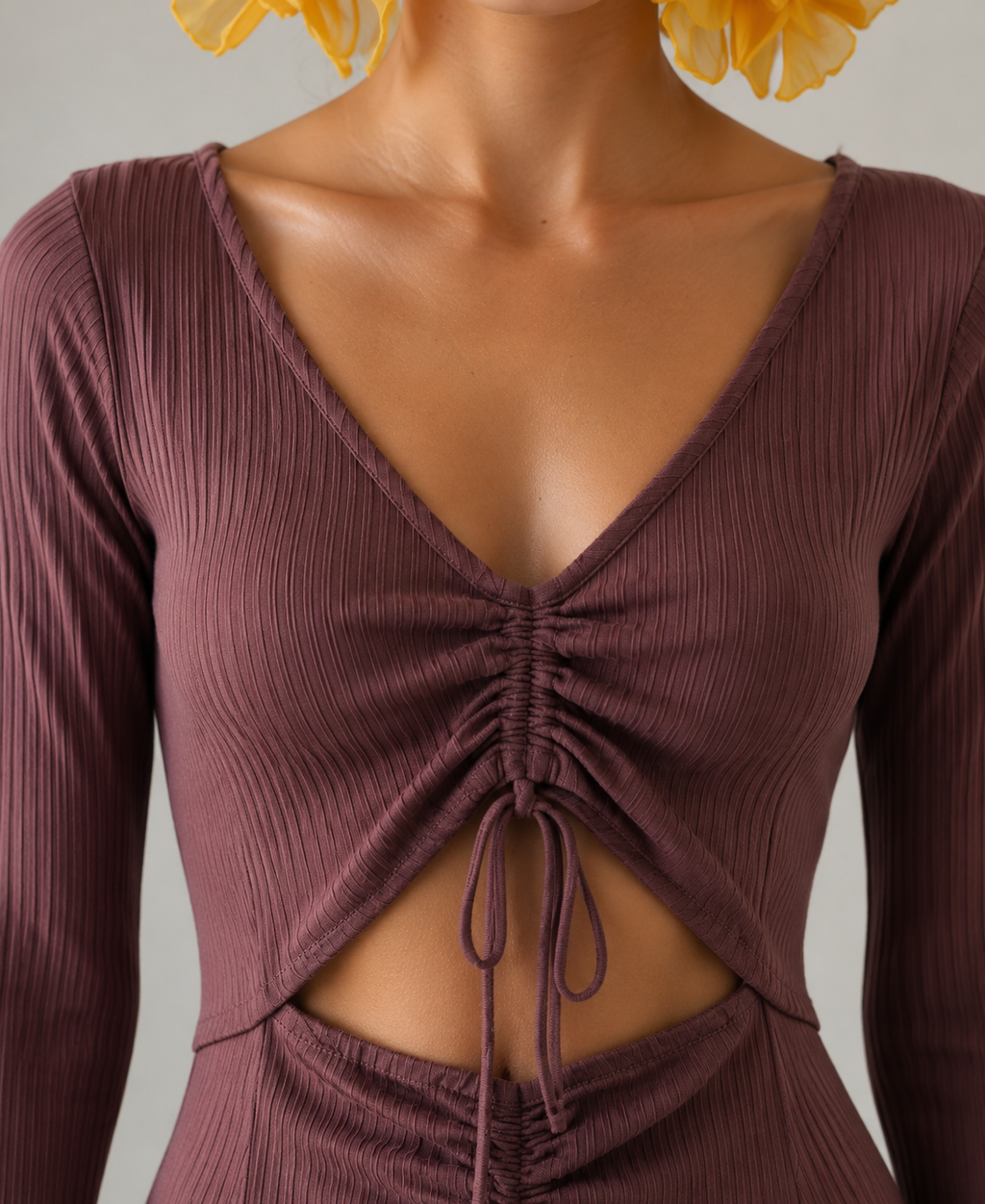 Ruched Drawstring Cut-Out Ribbed Mini Dress