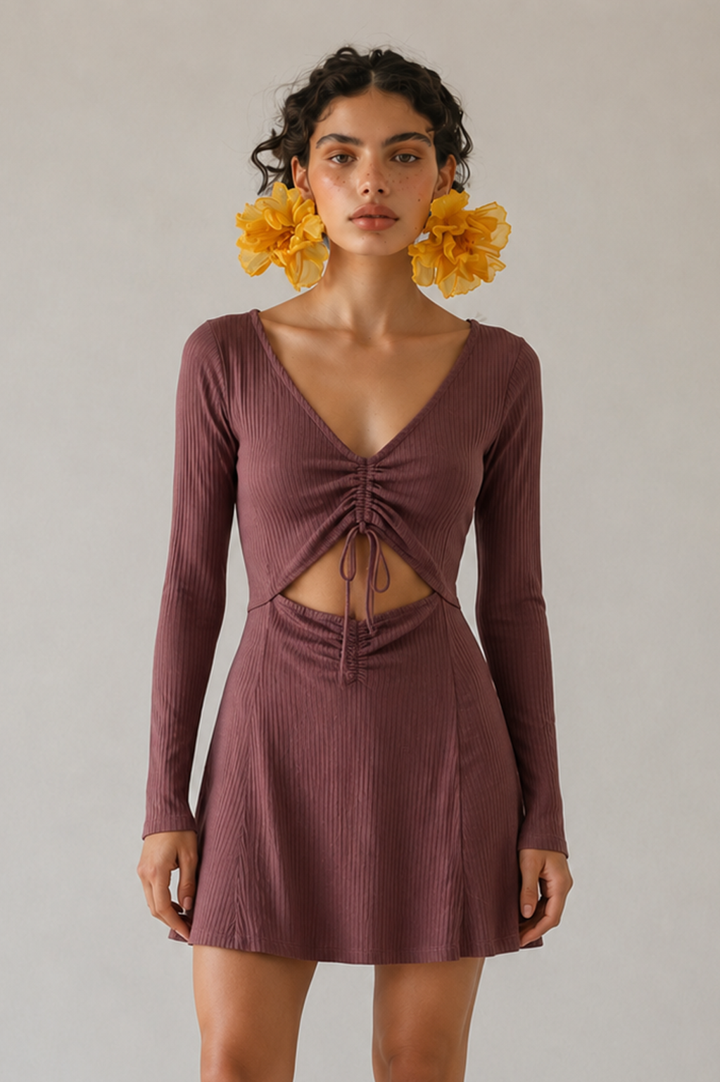 Ruched Drawstring Cut-Out Ribbed Mini Dress