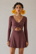 Ruched Drawstring Cut-Out Ribbed Mini Dress