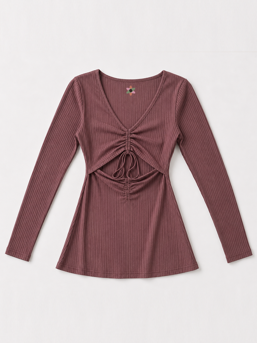 Ruched Drawstring Cut-Out Ribbed Mini Dress