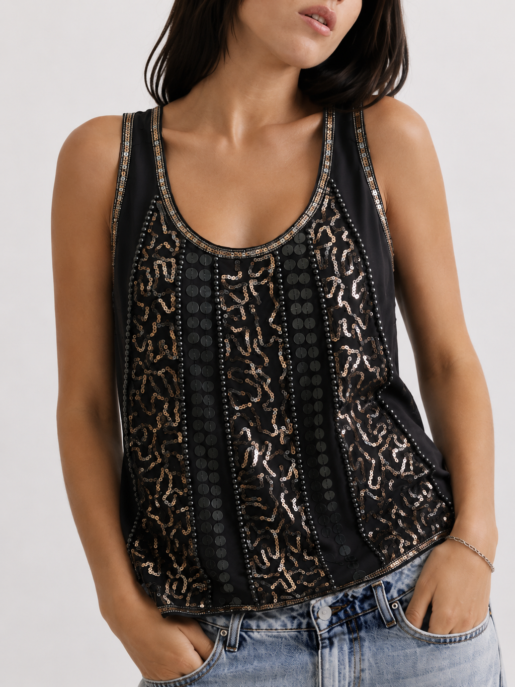 Sequin &amp; Stud Embellished Sleeveless Tank Top