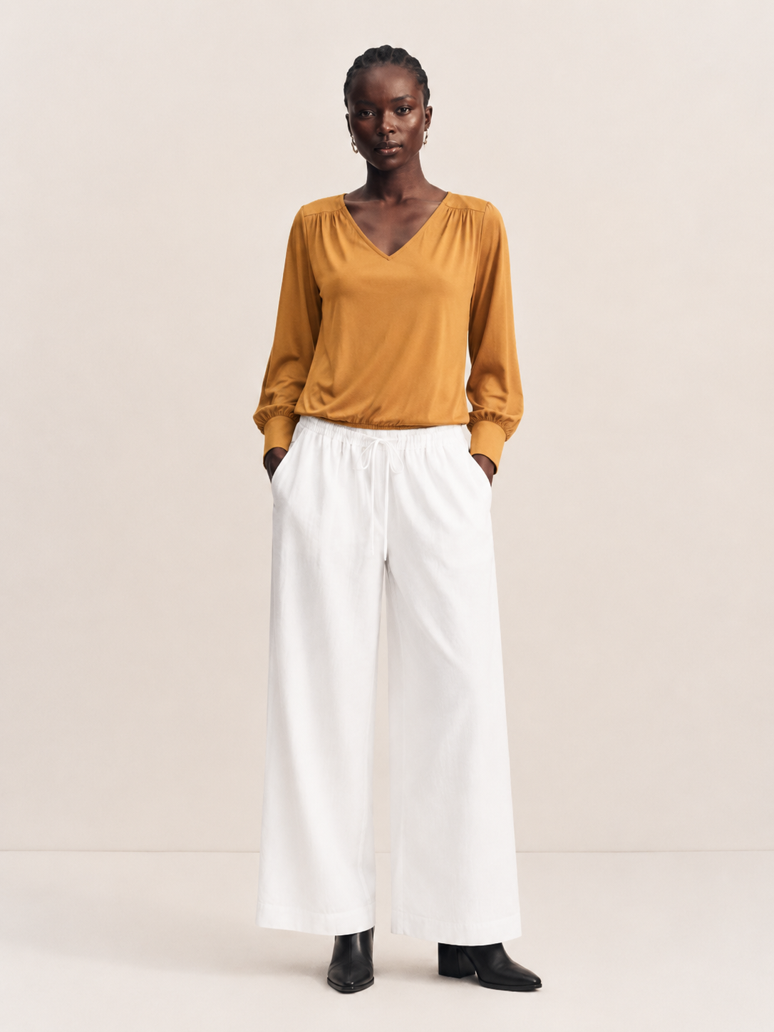 V-Neck Blouson Sleeve Jersey Top