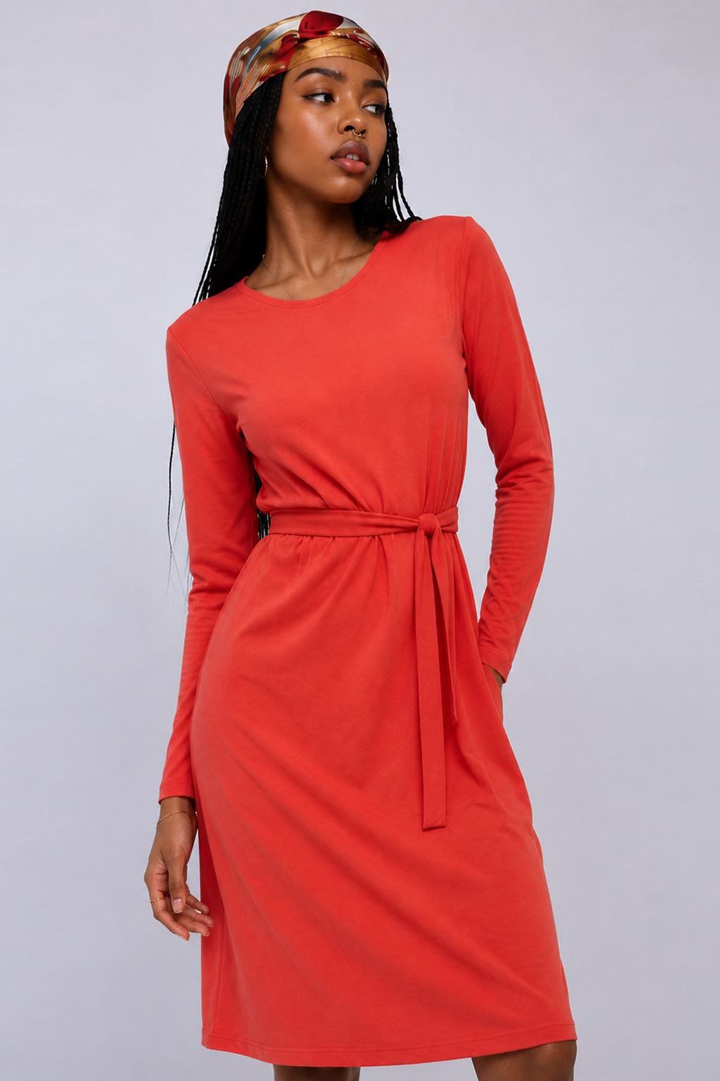 Waist Long Sleeve Jersey Midi Dress