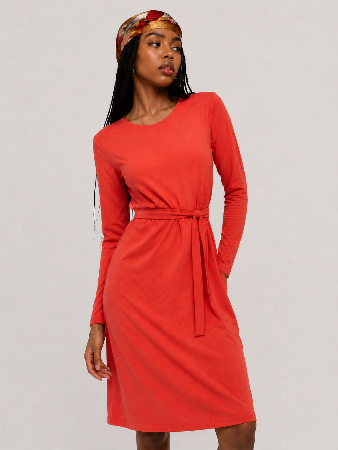 Tie Waist Long Sleeve Jersey Midi Dress