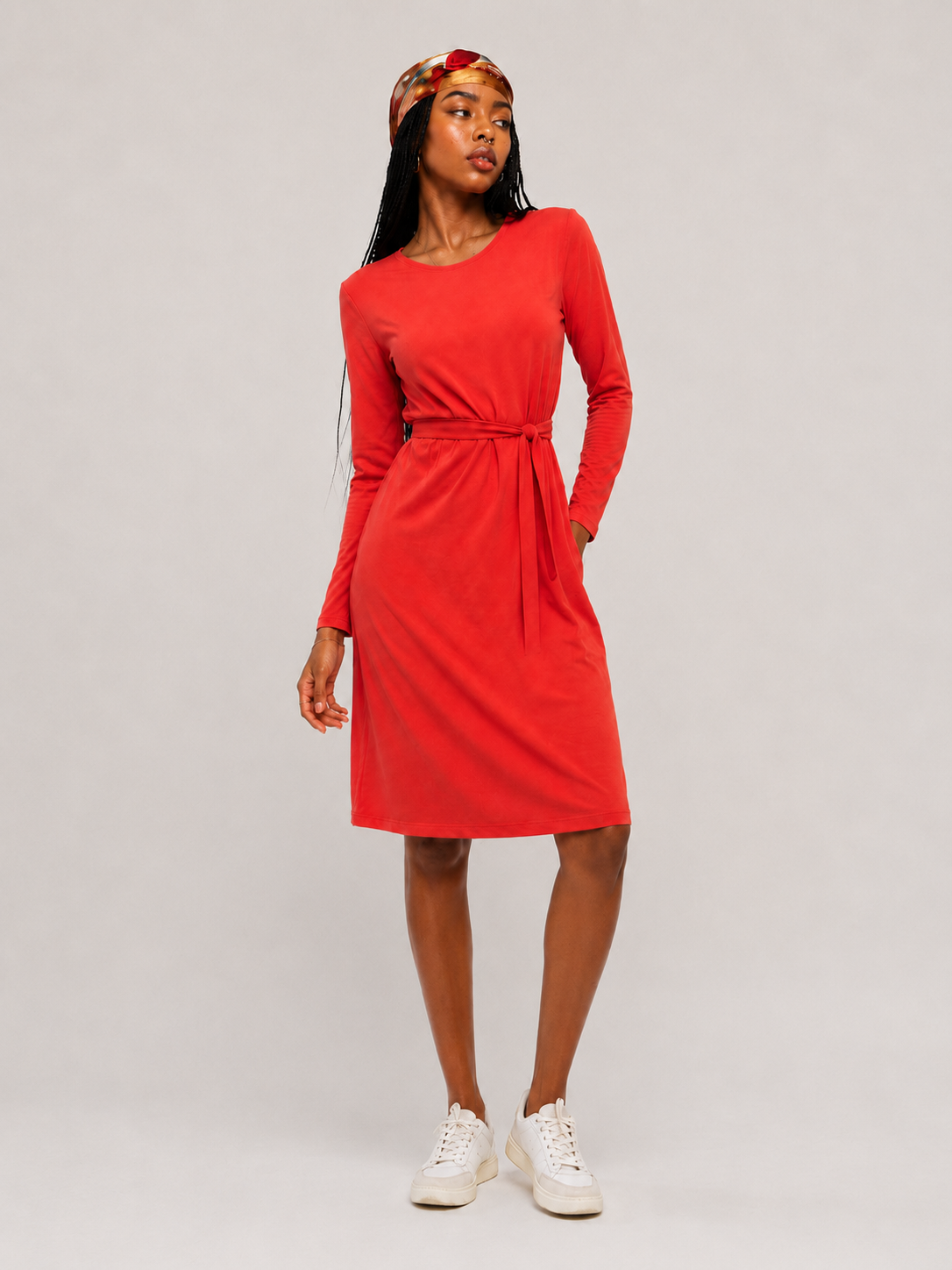 Tie Waist Long Sleeve Jersey Midi Dress